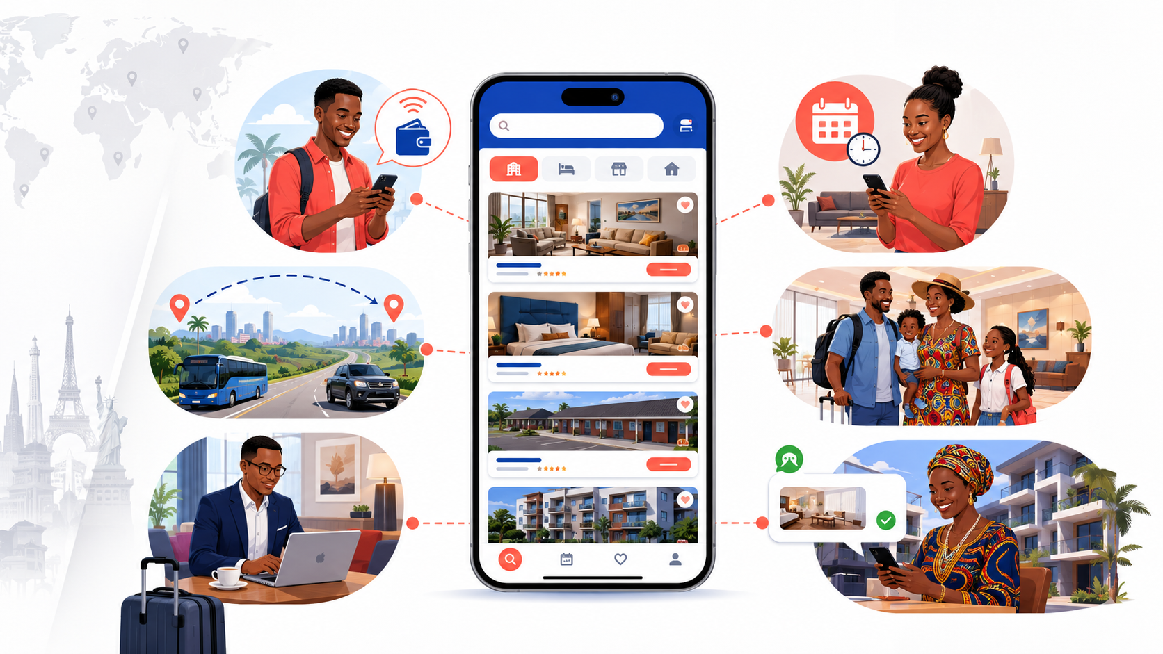 Illustration d’une maison connectée à une interface de réservation